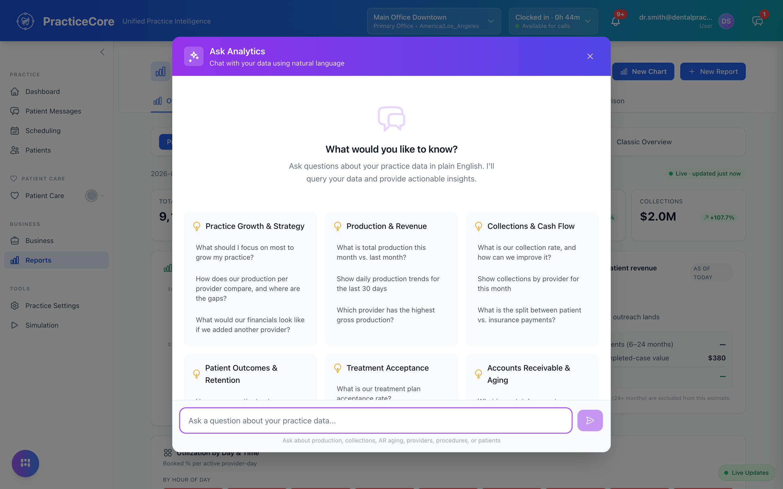 Ask Analytics: questions about the practice in plain English, with suggested questions by topic