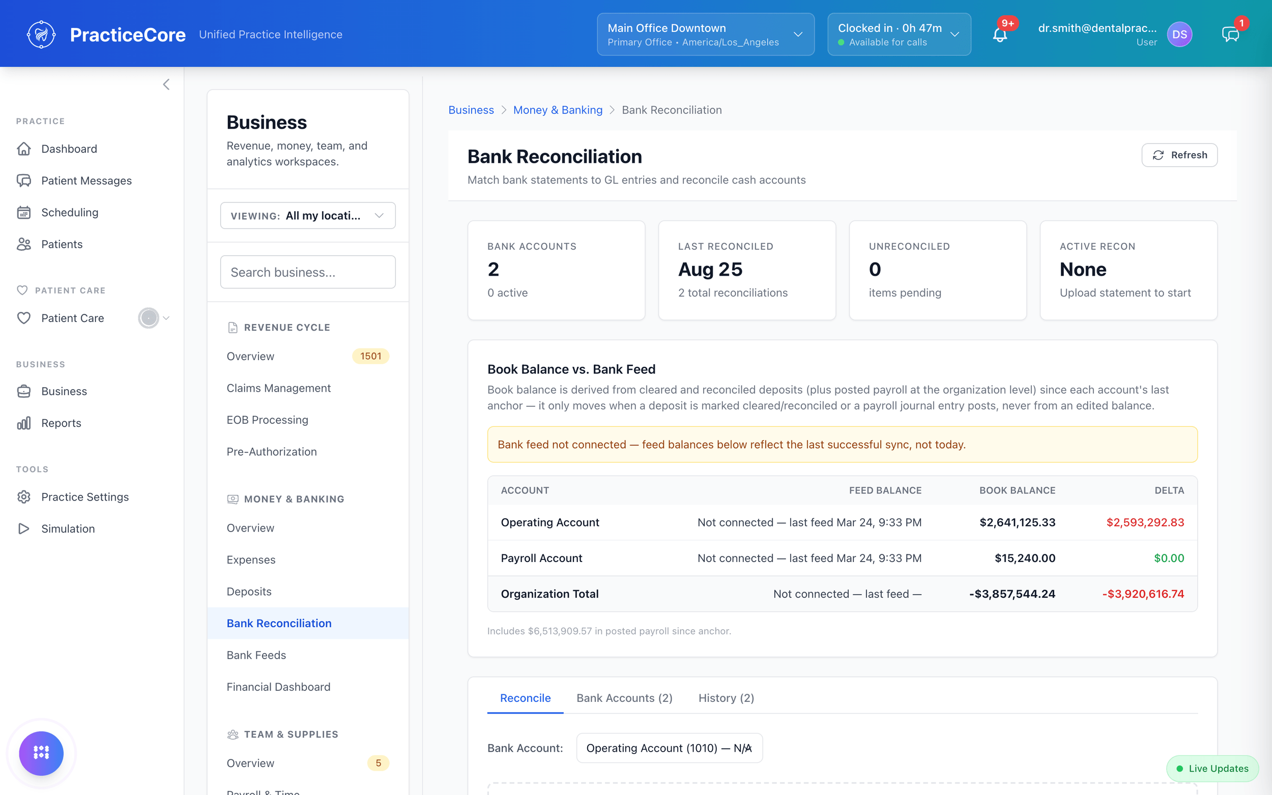 Bank reconciliation: book balance against the bank feed for each account