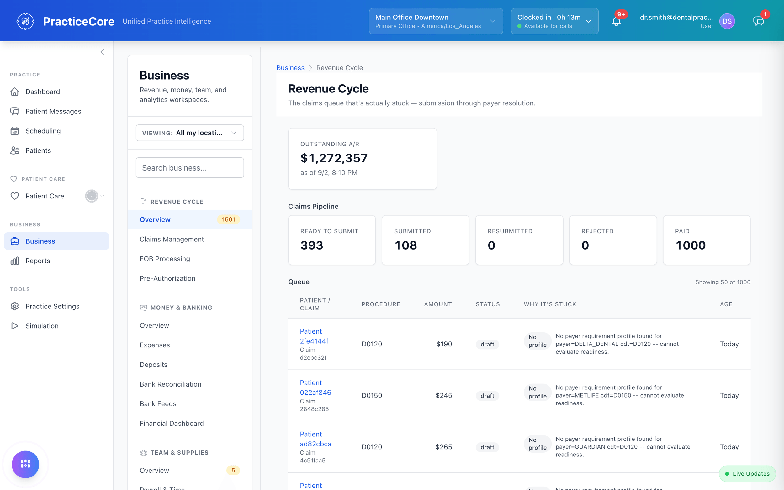 Claims management: in-flight and needs-action counts, and the claims queue with next actions