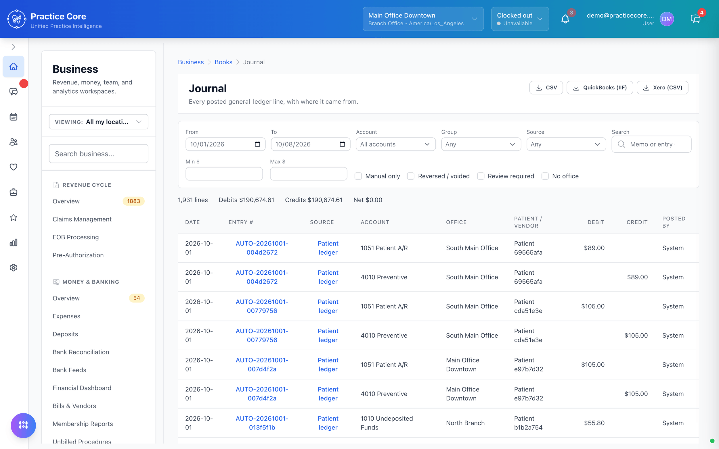 The journal: every posted general-ledger line with its source, account and office, debits equal to credits, and exports to CSV, QuickBooks and Xero