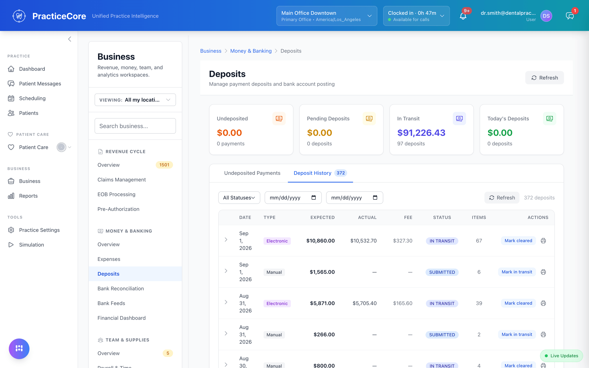 Deposits: undeposited, pending and in-transit totals with the deposit history
