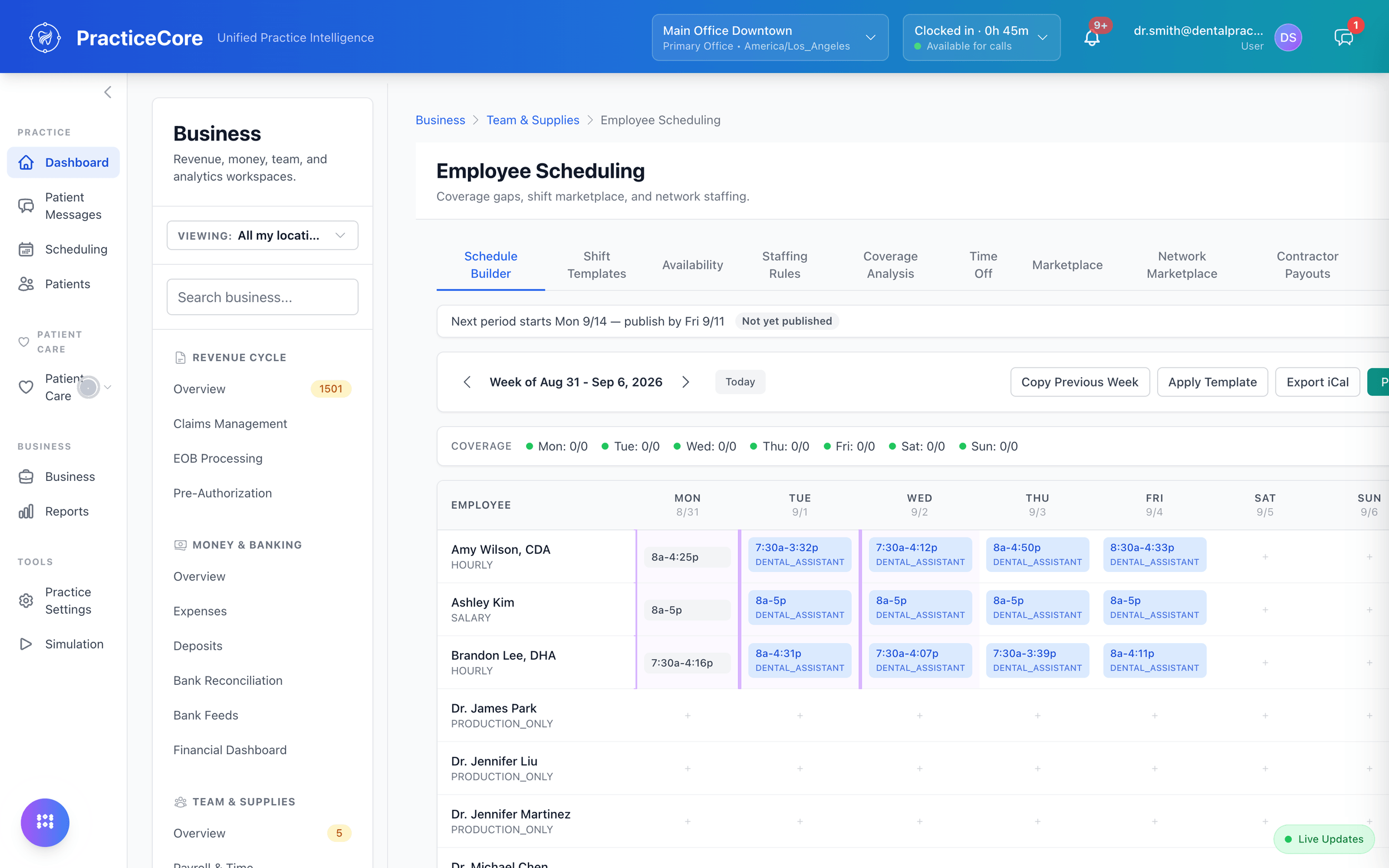 Employee scheduling: the week's shifts by employee and role in the schedule builder
