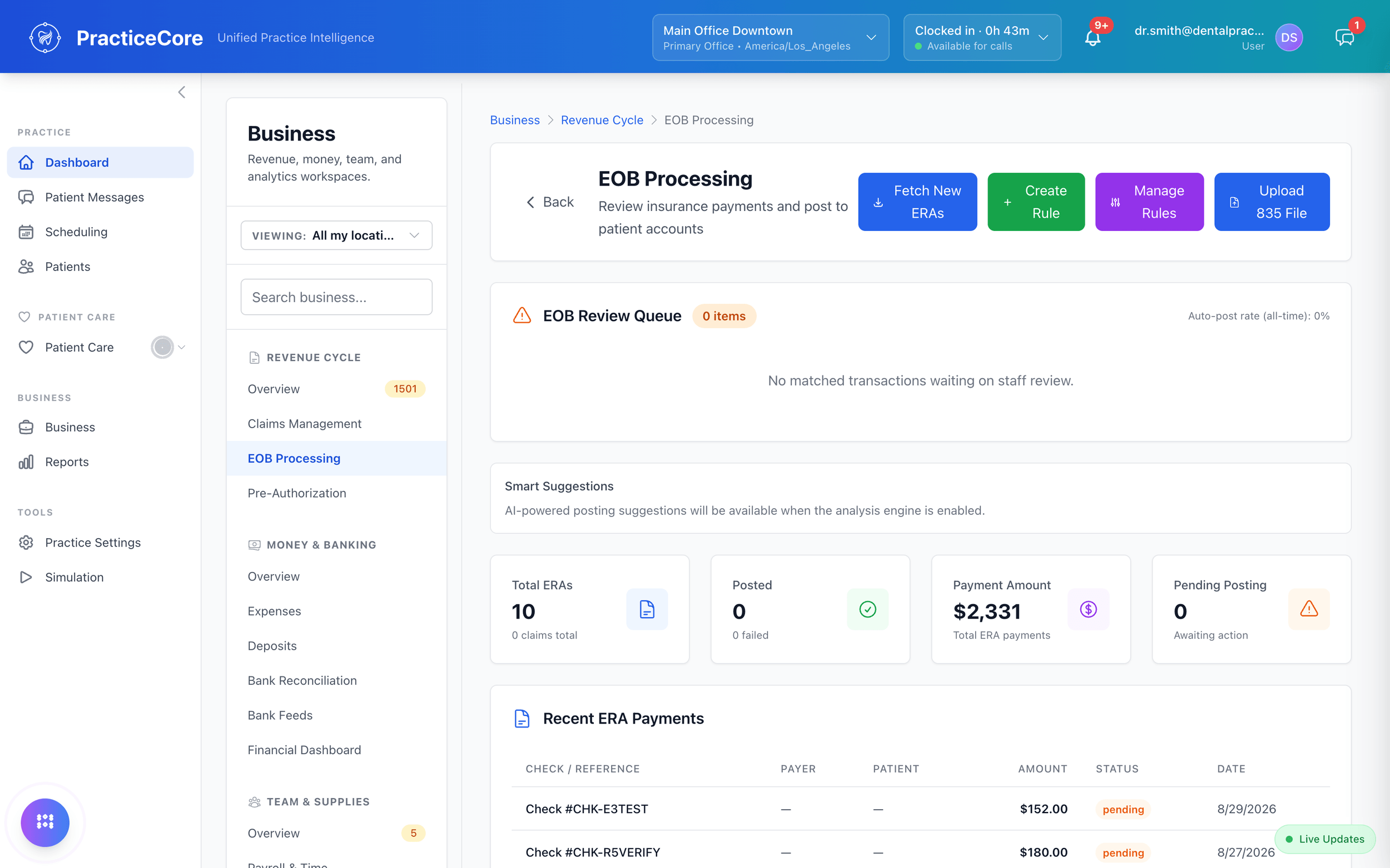 EOB processing: fetch new ERAs, review queue, posting rules, and recent ERA payments