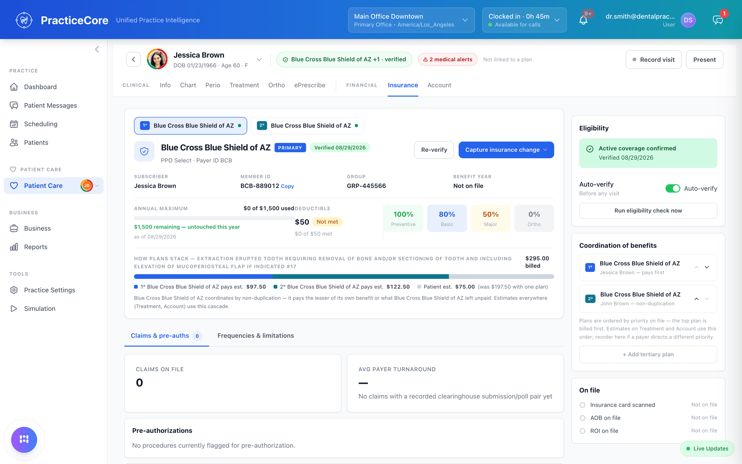 A patient's insurance tab: verified eligibility, annual maximum and deductible, coverage by category, coordination of benefits, claims and pre-authorizations