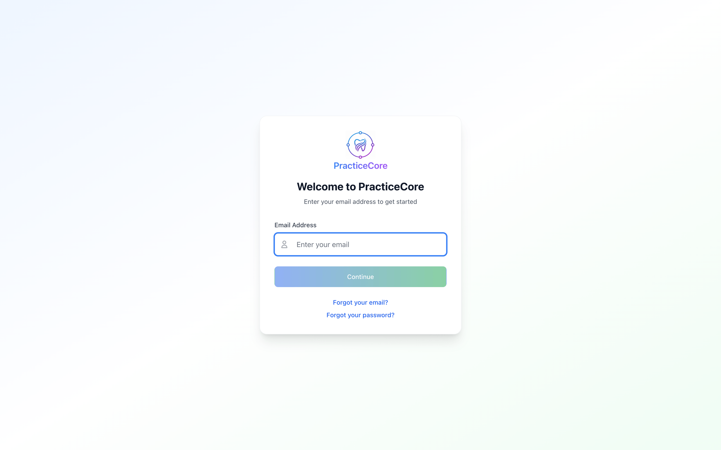 PracticeCore's sign-in screen