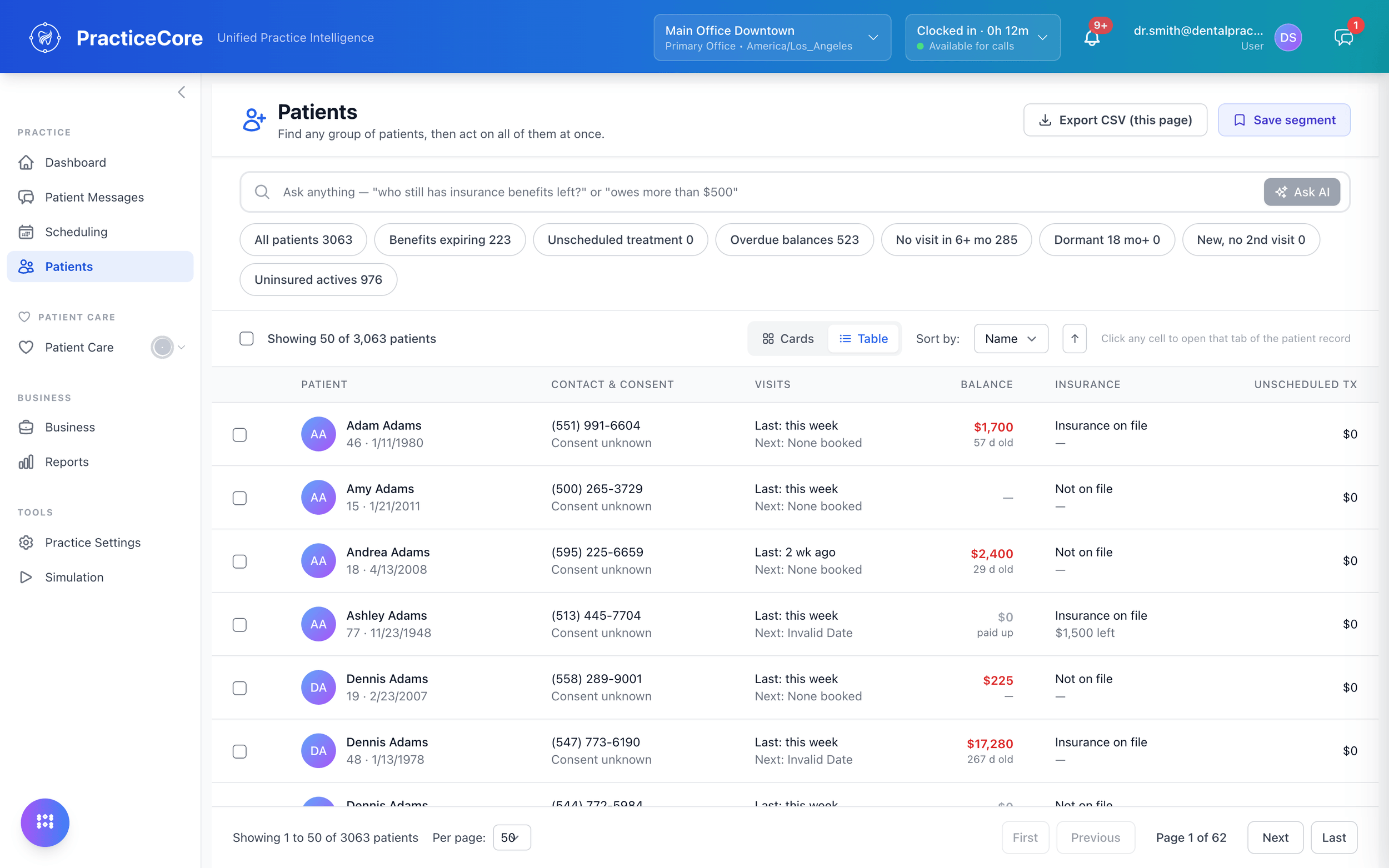 Patients: segments such as benefits expiring, overdue balances and unscheduled treatment, with an Ask AI search and the patient table