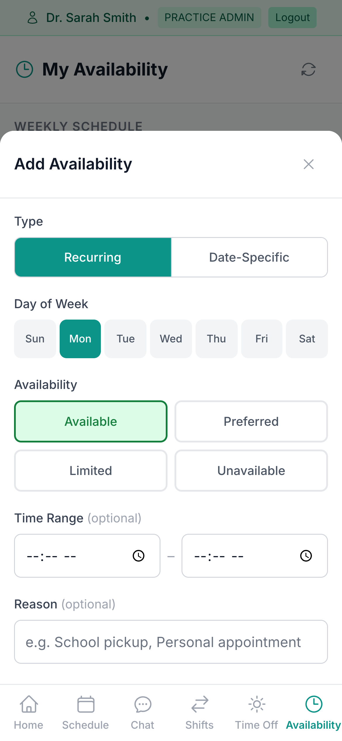 Team Portal Add Availability modal on a phone with Recurring selected, the Monday chip selected, and the Available option chosen