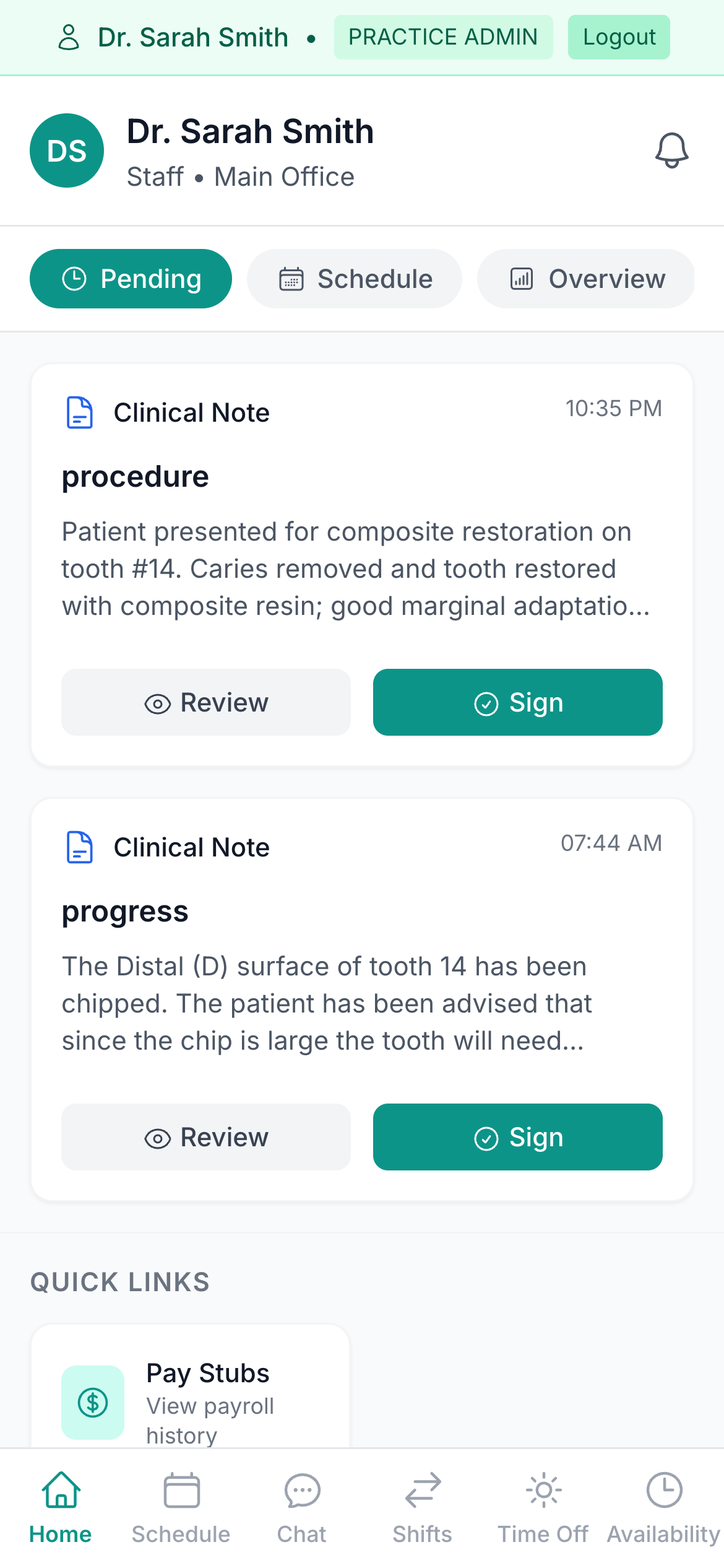 Team Portal pending tab on a phone showing a clinical note awaiting the provider's signature, with Review and Sign buttons