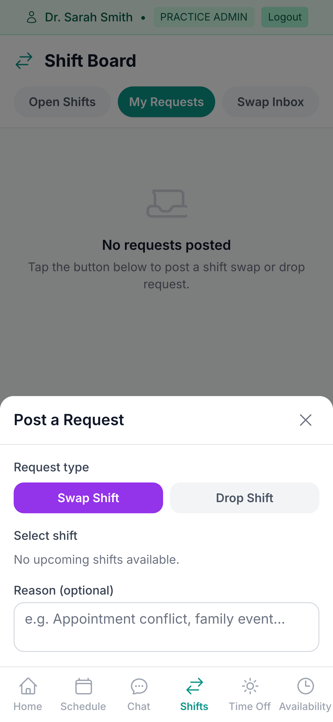 Team Portal Post a Request modal on a phone with Swap Shift selected, a Monday shift chosen, and a reason entered