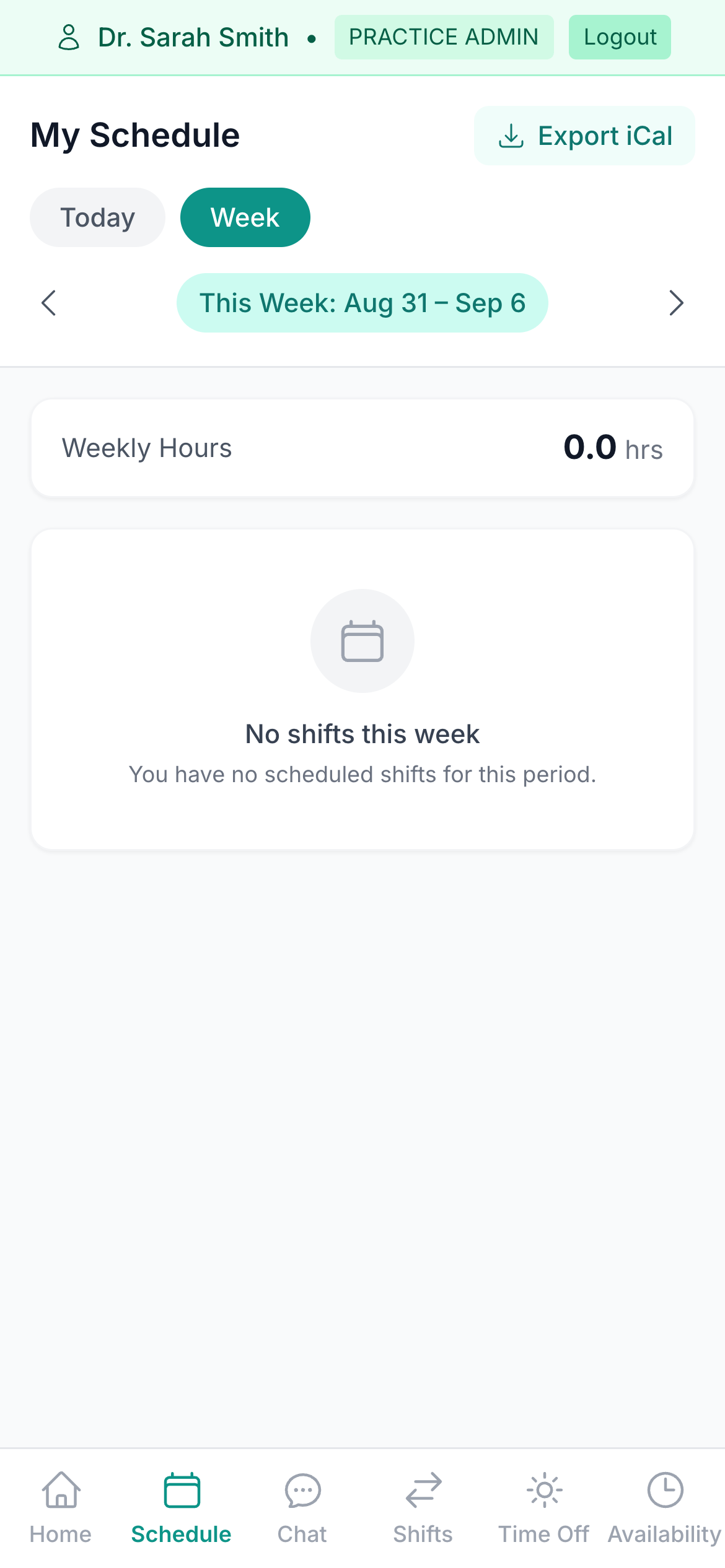 Team Portal weekly schedule on a phone showing confirmed and completed 8-hour dentist shifts Monday through Thursday and 44.5 total weekly hours