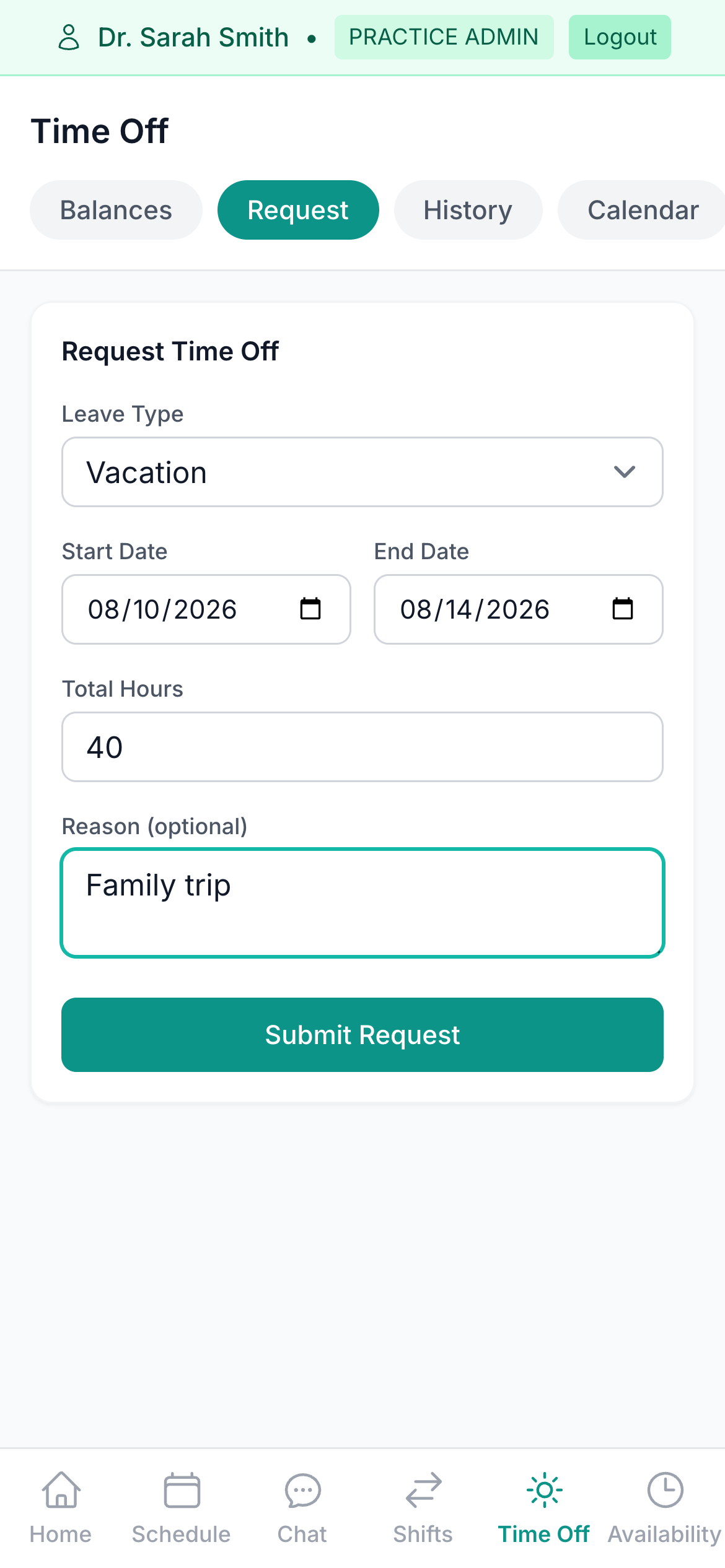 Team Portal time-off request form on a phone filled out for a vacation request with a Submit Request button