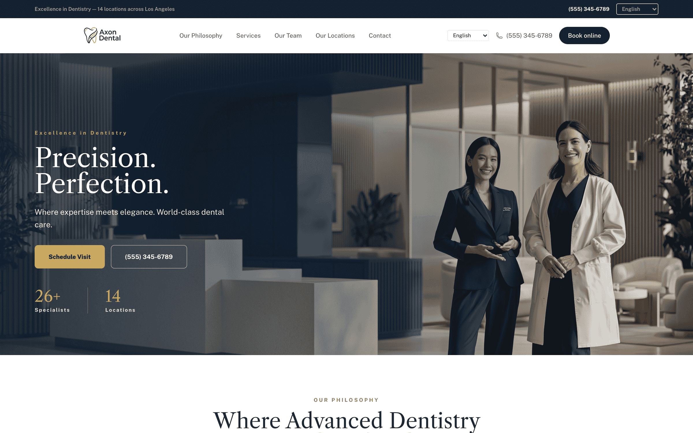 A practice's own public website, built and published from the PMS: professional template, booking and phone in the header, English