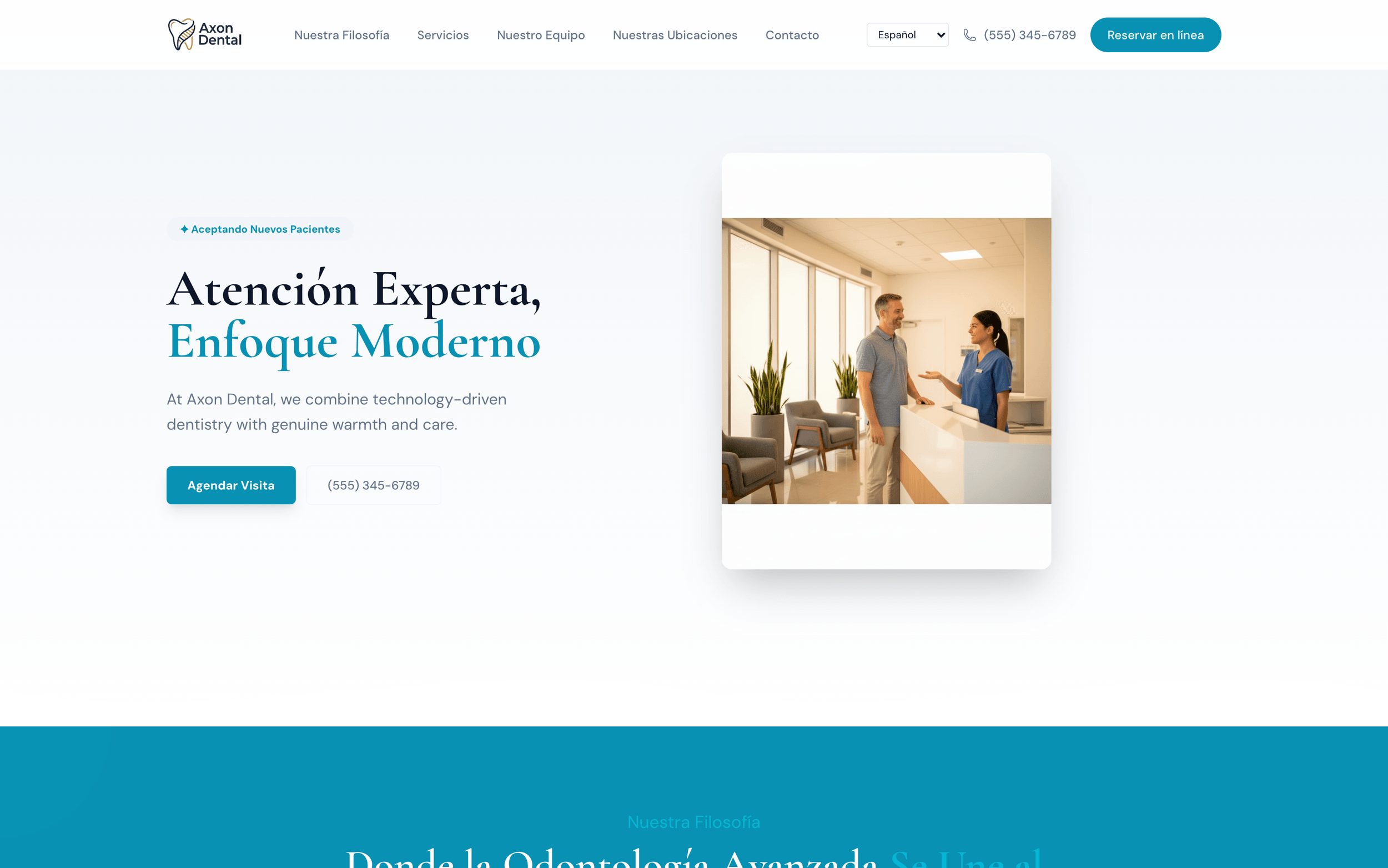 A practice's own public website, published from the PMS, shown in Spanish