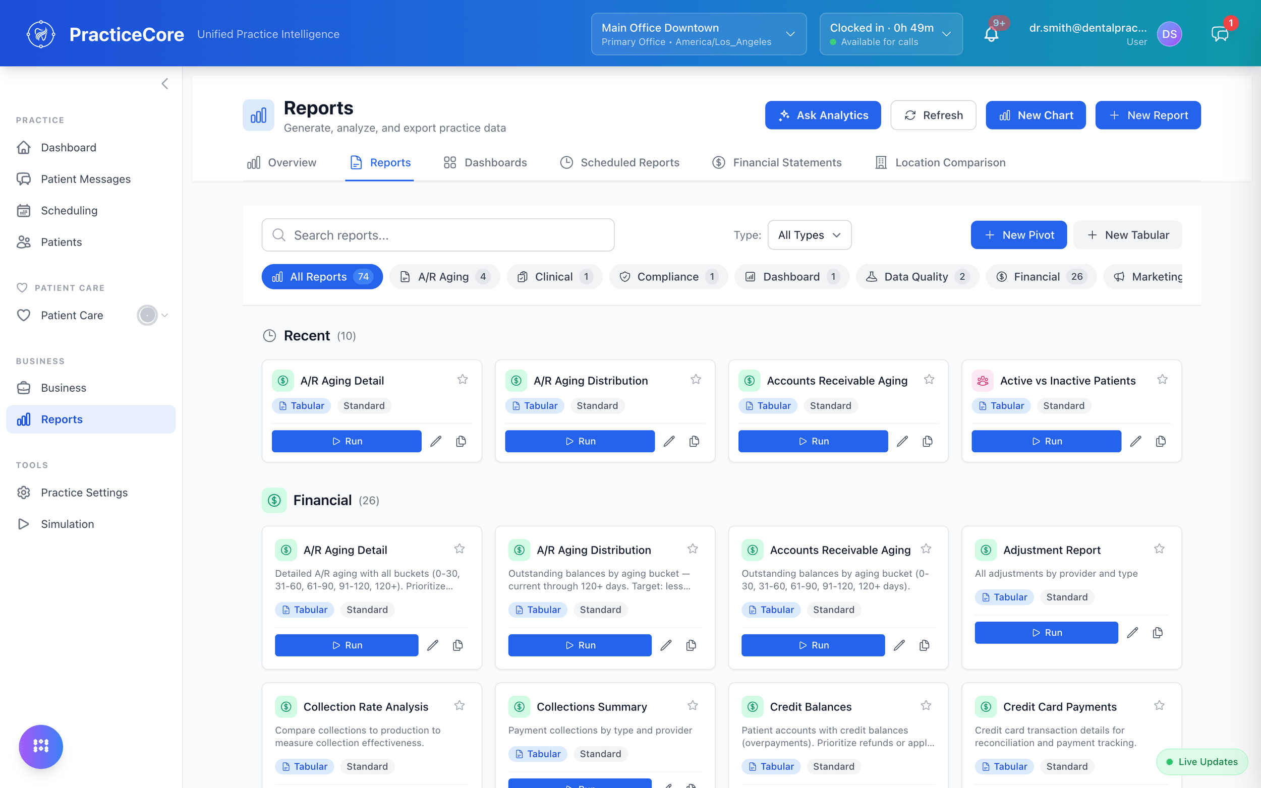 The report catalog: every built-in report by category, with a custom pivot or tabular report builder