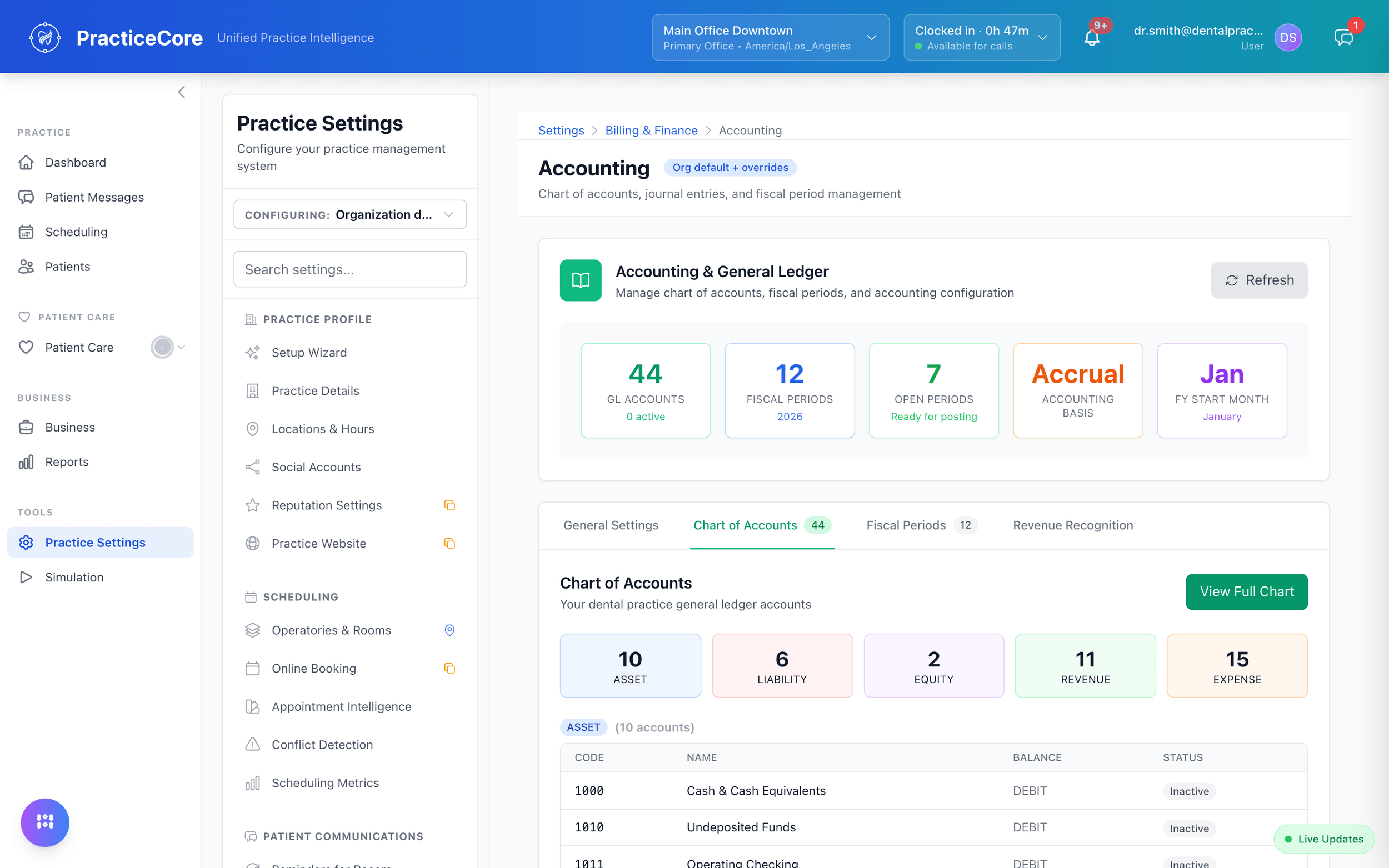 Accounting: the general ledger with its chart of accounts, fiscal periods, and revenue recognition