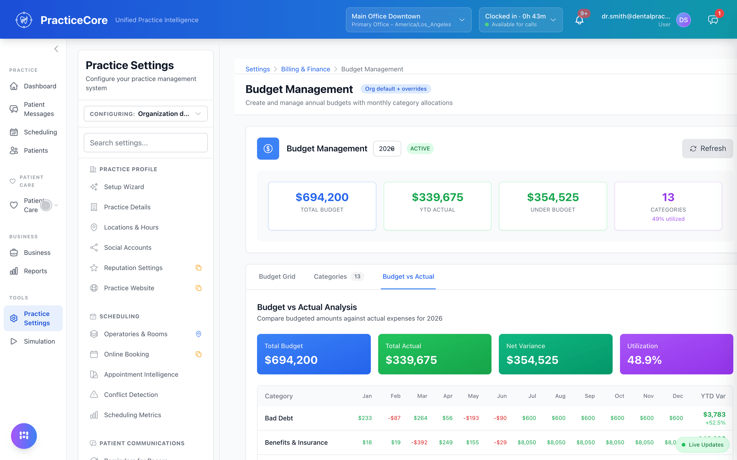 Budget management: budget versus actual by category, month by month