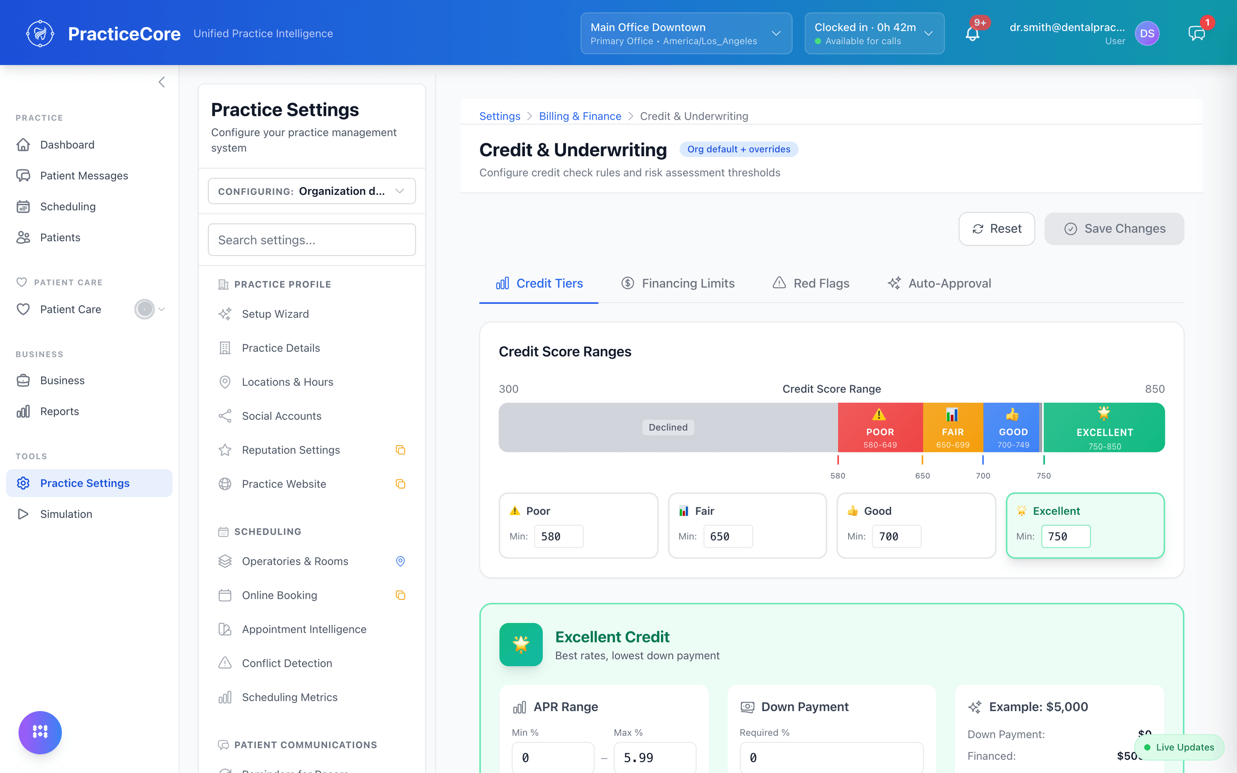 Credit and underwriting settings for in-house financing: credit score tiers, APR ranges, and down-payment rules