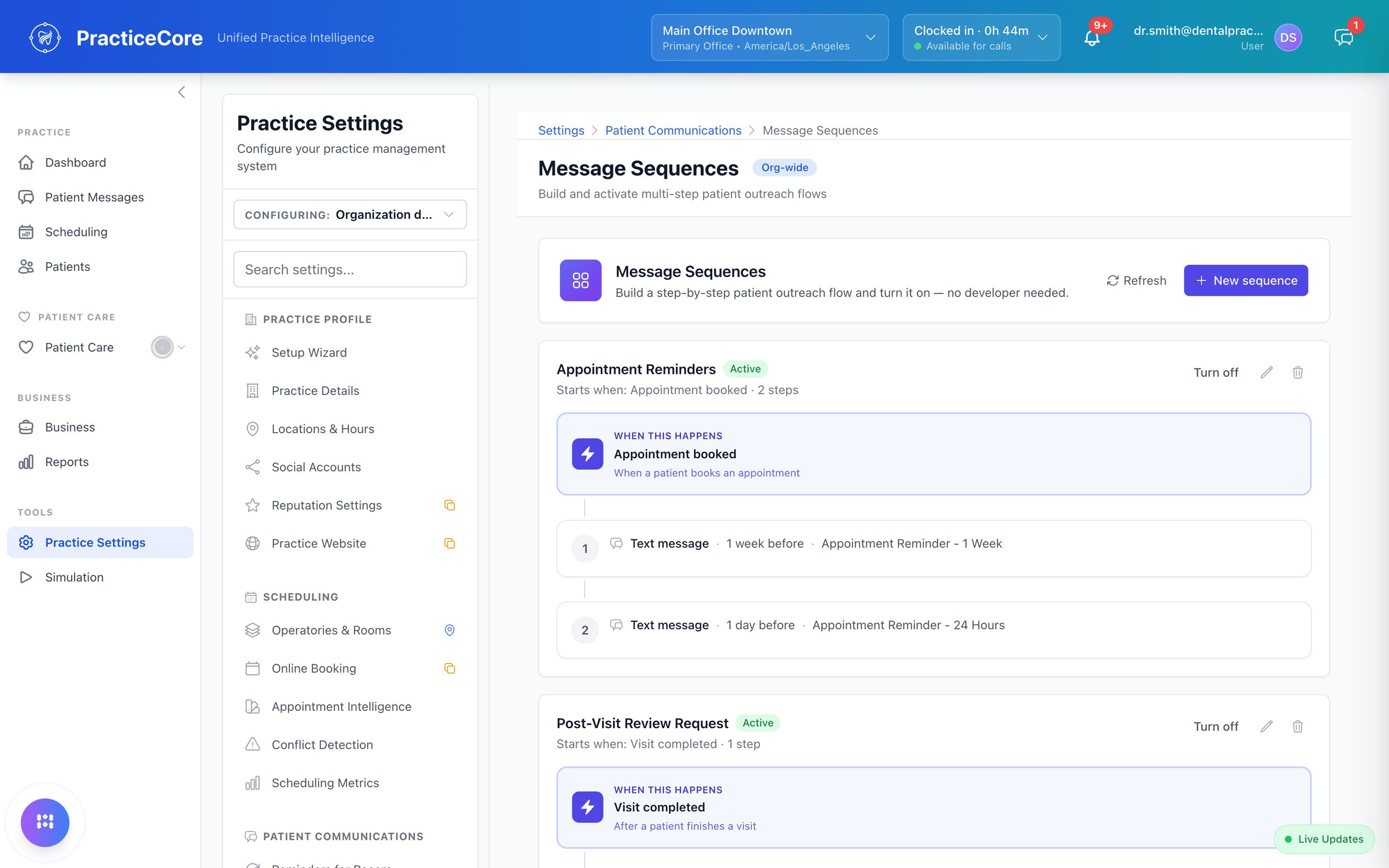 Message sequences: appointment reminders and post-visit review requests as multi-step outreach flows, switched on