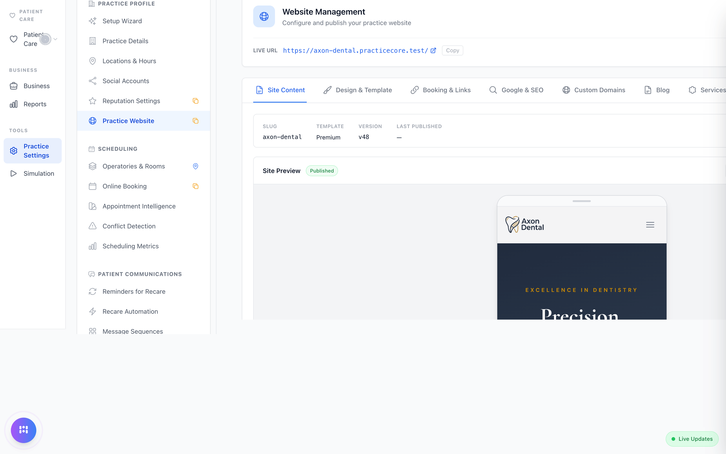 The practice website builder inside the PMS, with the published site previewed on a phone