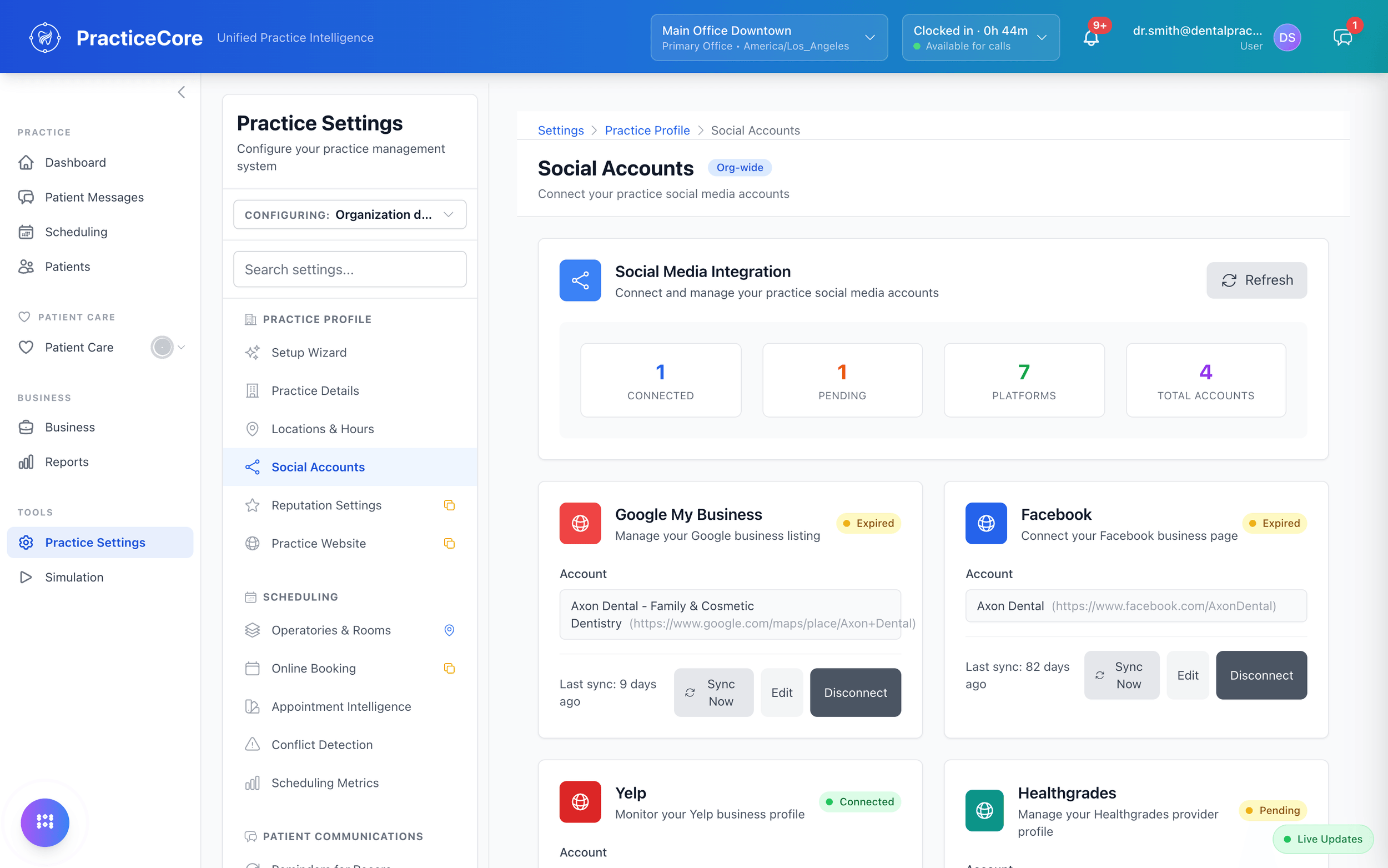 Social accounts: Google Business, Facebook, Yelp, and Healthgrades connected to the practice