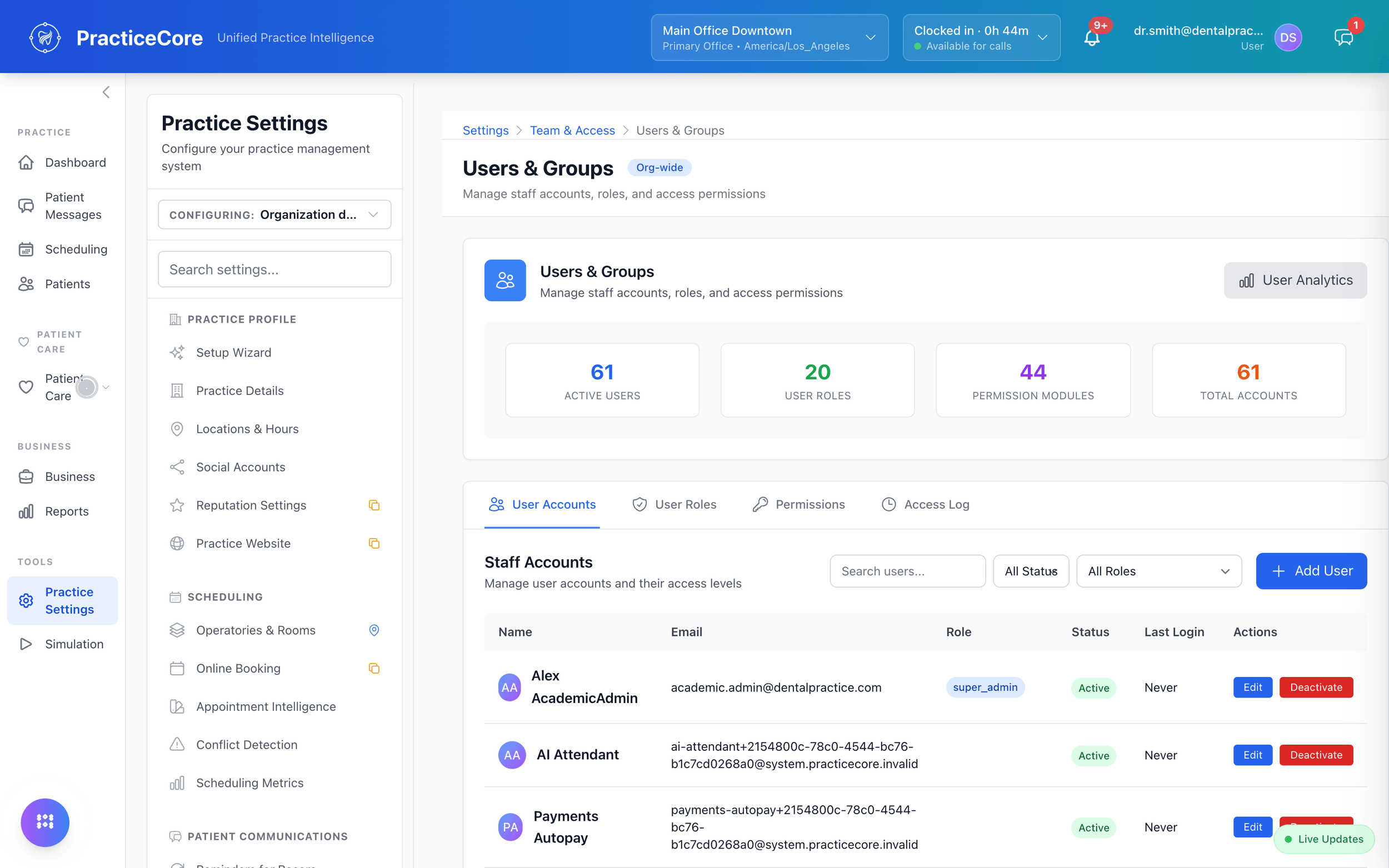 Users and groups: staff accounts, roles, permission modules, and the access log