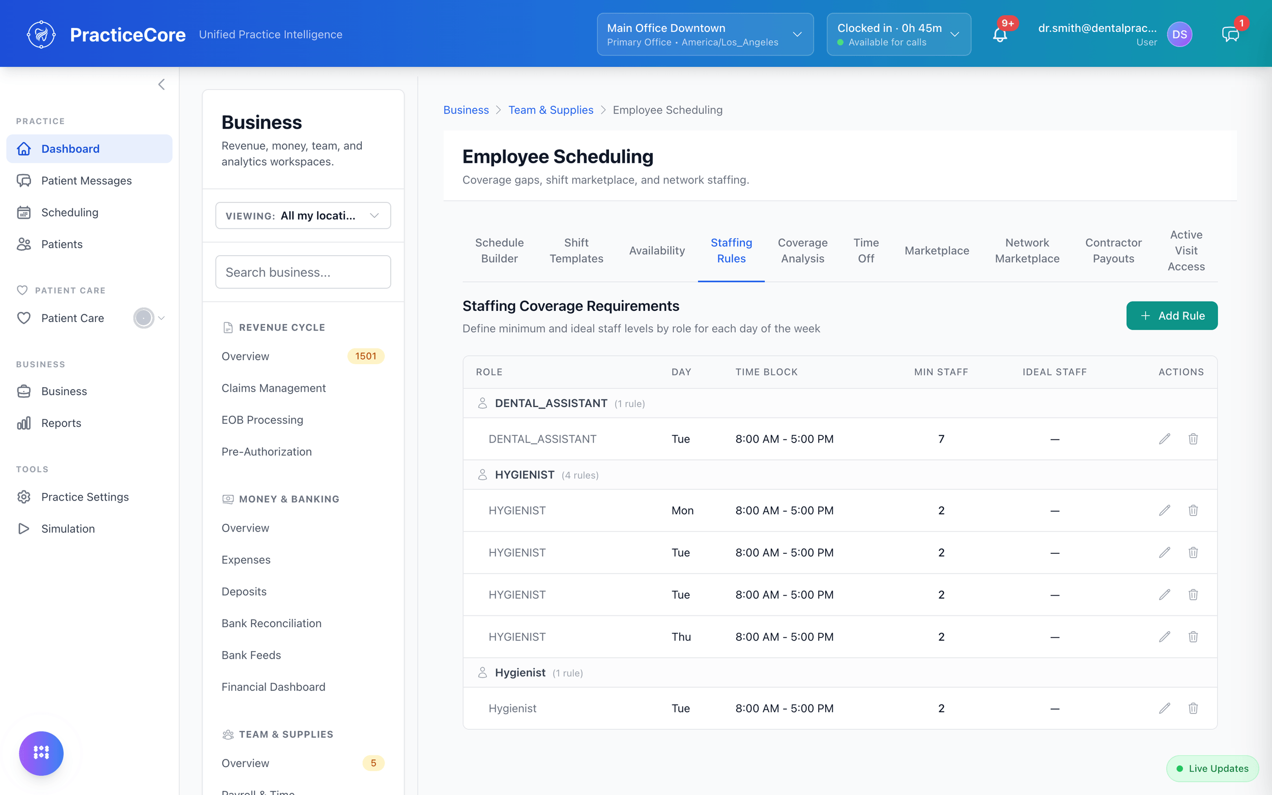 Staffing rules: minimum staff by role, day, and time block