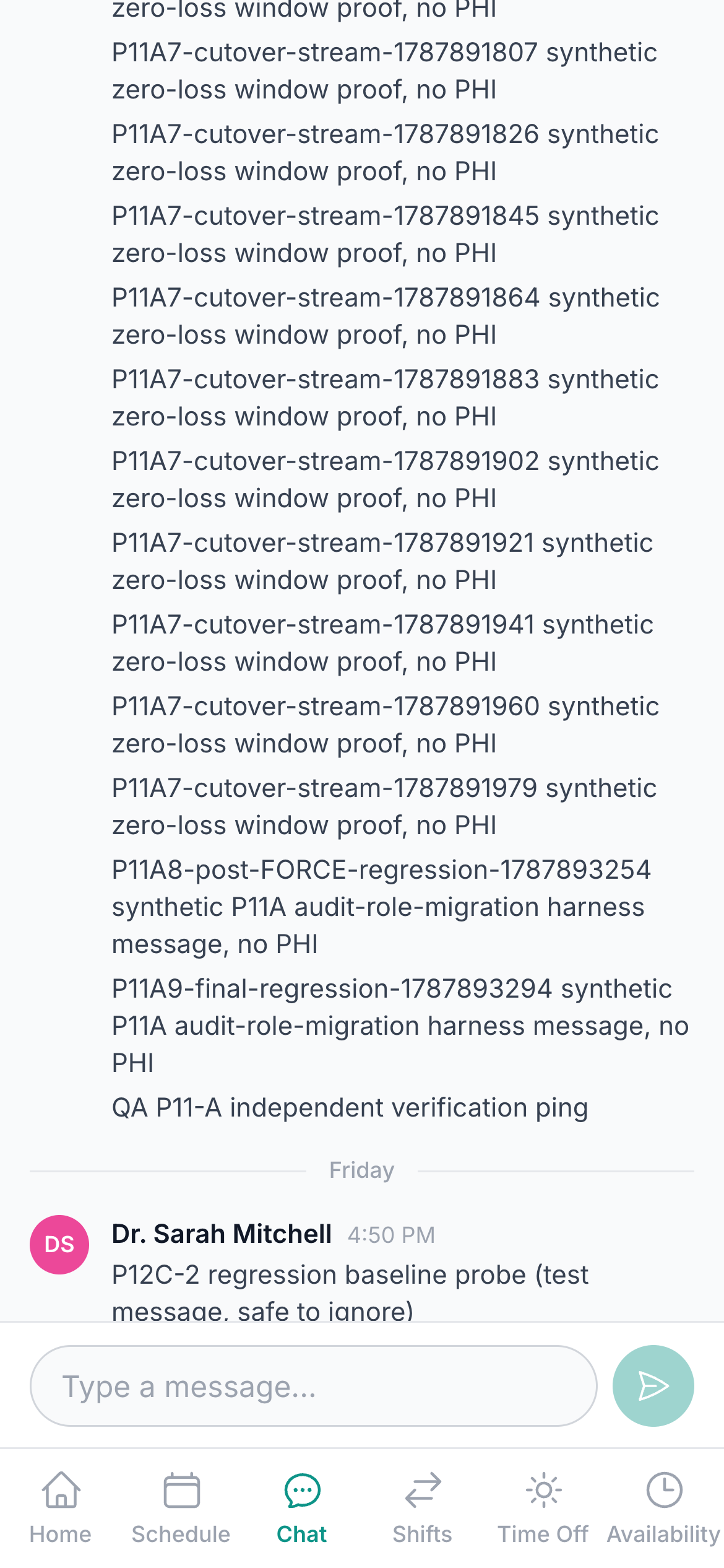 Team Portal chat on a phone showing a real practice channel conversation, with the mobile navigation for Home, Schedule, Chat, Shifts, Time Off, and Availability