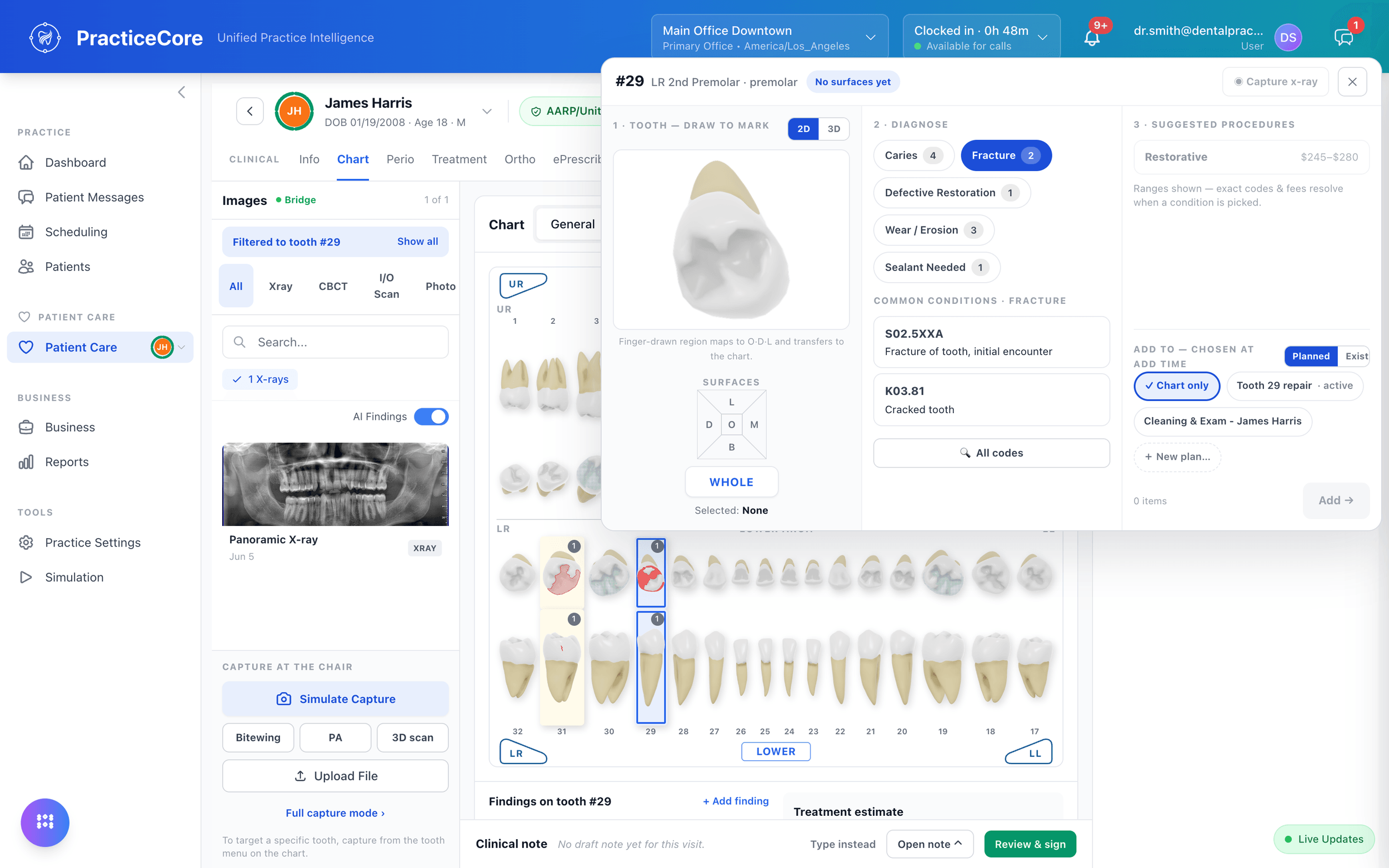 The tooth panel: draw the surface on the tooth in 2D or 3D, pick the diagnosis, and see the suggested procedures with codes and fees