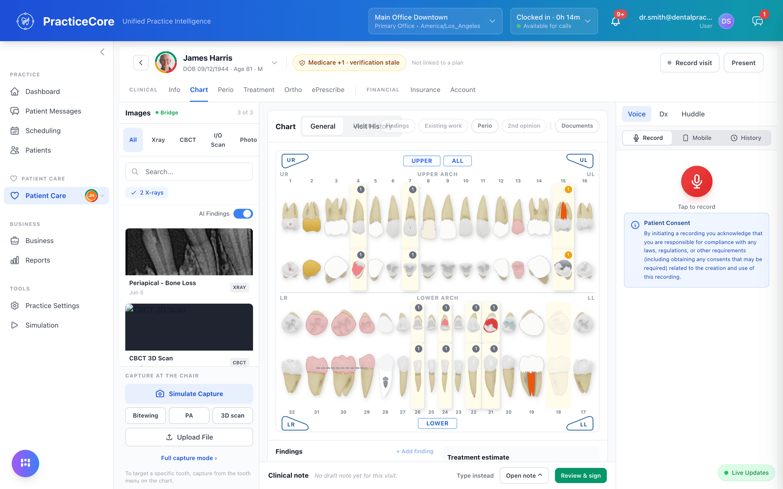 AI Voice Recording modal open over a patient's clinical chart, ready to start dictating a note