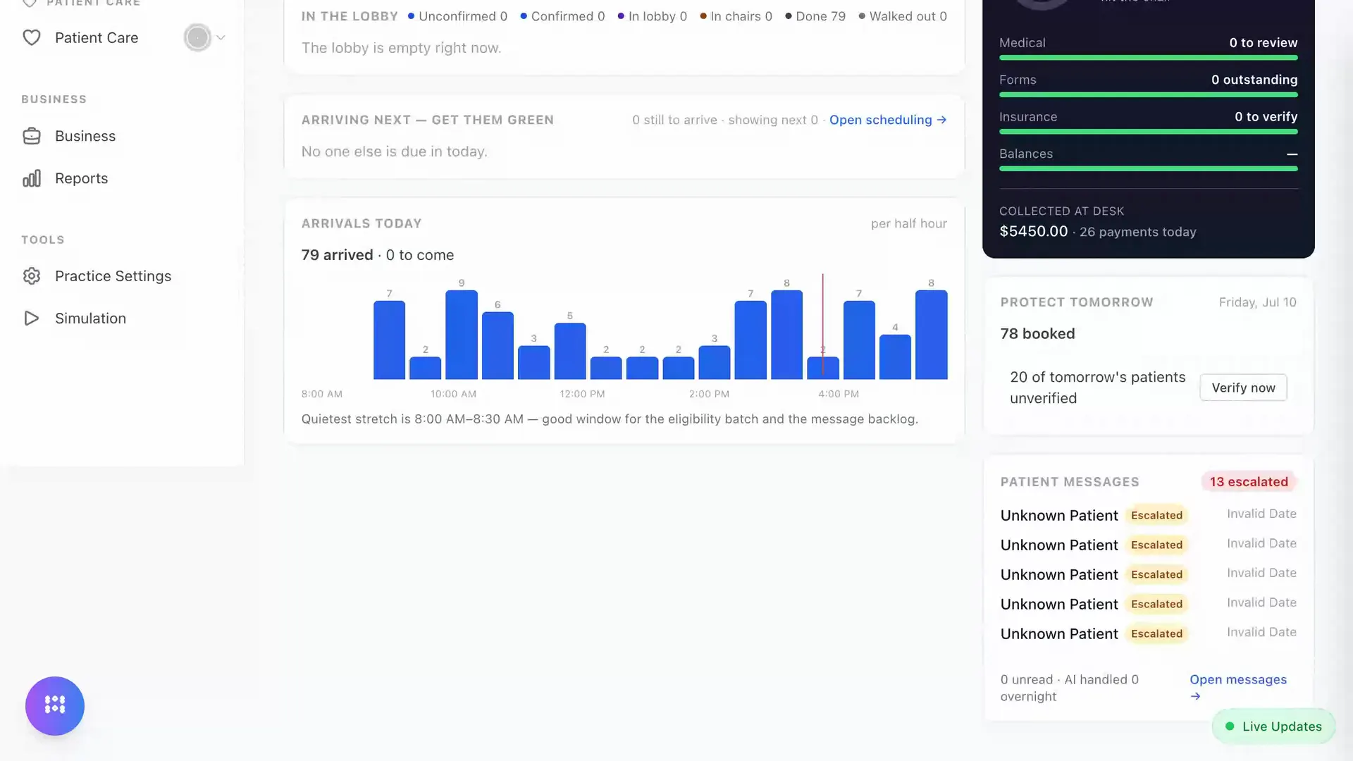 Front desk dashboard